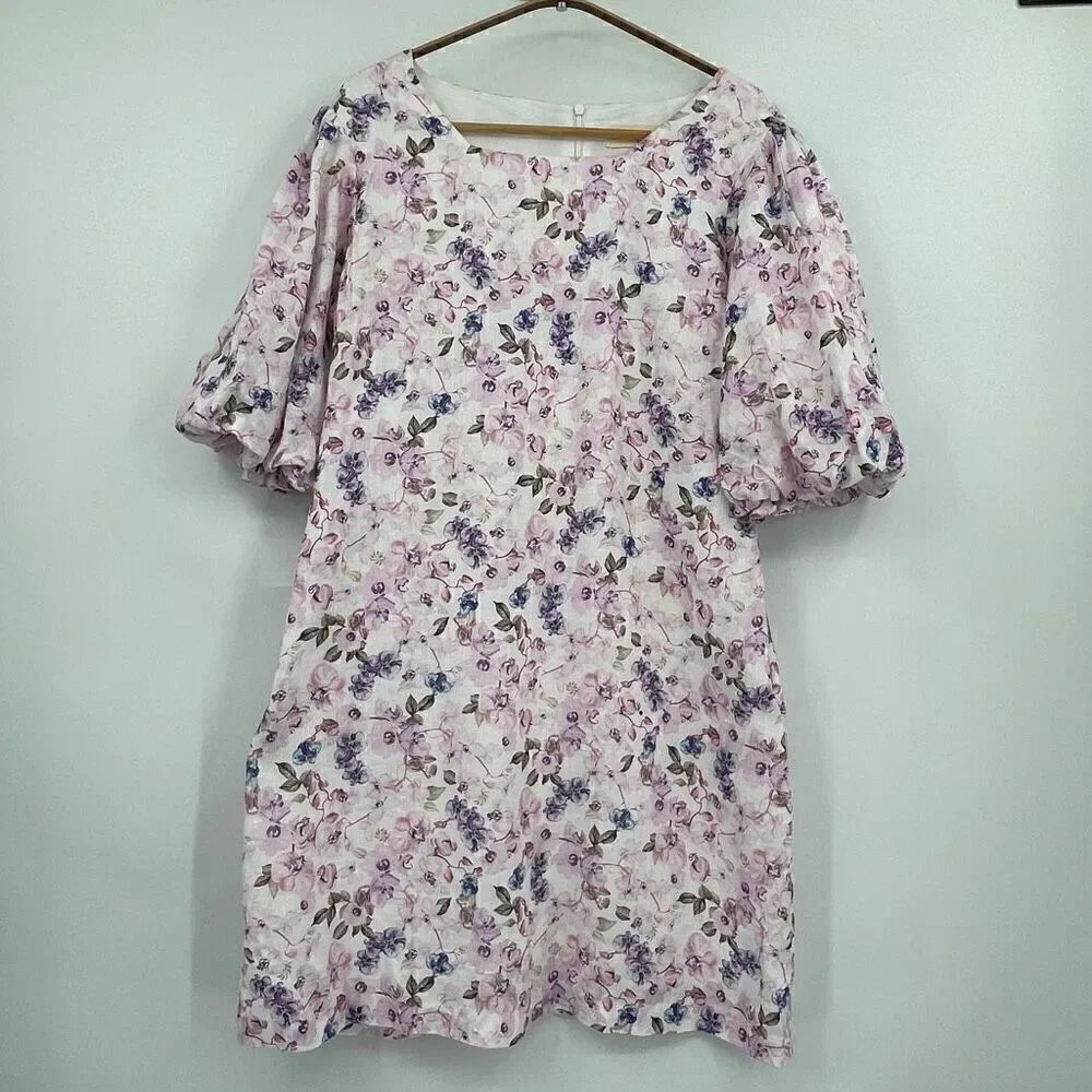 M. Maison Multicolor Floral Square Neck Linen Mini Dress Large